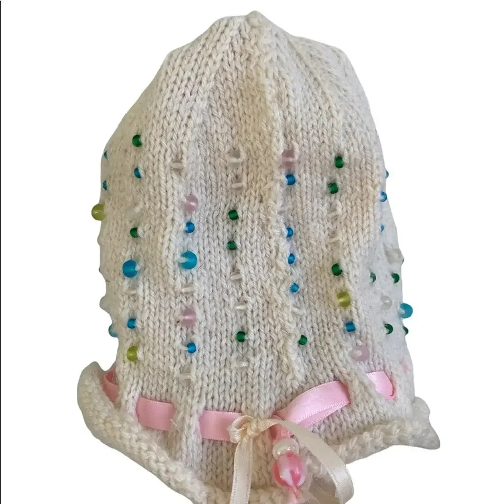 Vintage Handmade Baby Small Hat With Ribbon and Bead Accents